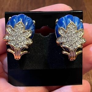 Vintage Kenneth Jay Lane Blue Domed Crystal Gold Tone Clip Earrings RARE